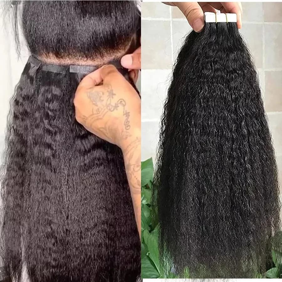 Tape In Kinky Straight Human Hair Extensions Brazilian Hair Adhesive Extensions Skin Weft Black 100% Real Human Hair for Women