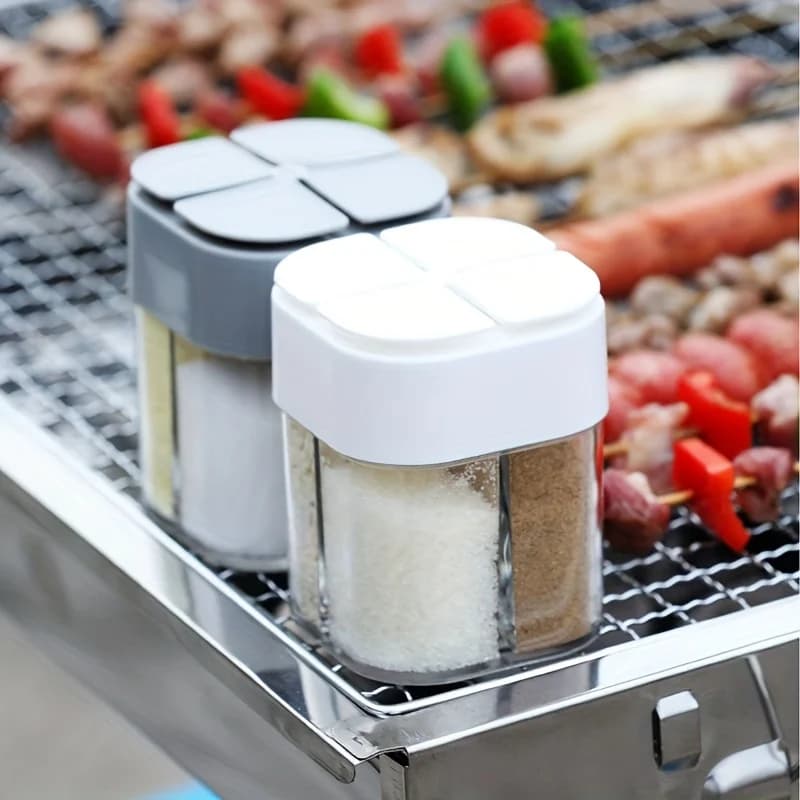 4in1 Camping Seasoning Shaker Multi-Purpose Spice Jar with Lid 4-Compartment For Outdoor BBQ Cooking Salt Pepper Storage Box