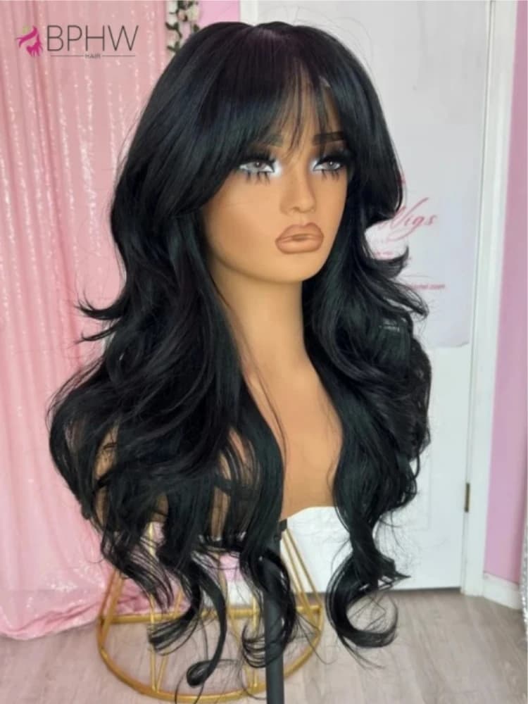 Body Wave Human Hair 30 Inch Wigs With Bangs Full Machine Made Human Hair Wigs For Women Natural Color 180% Density Long Wigs