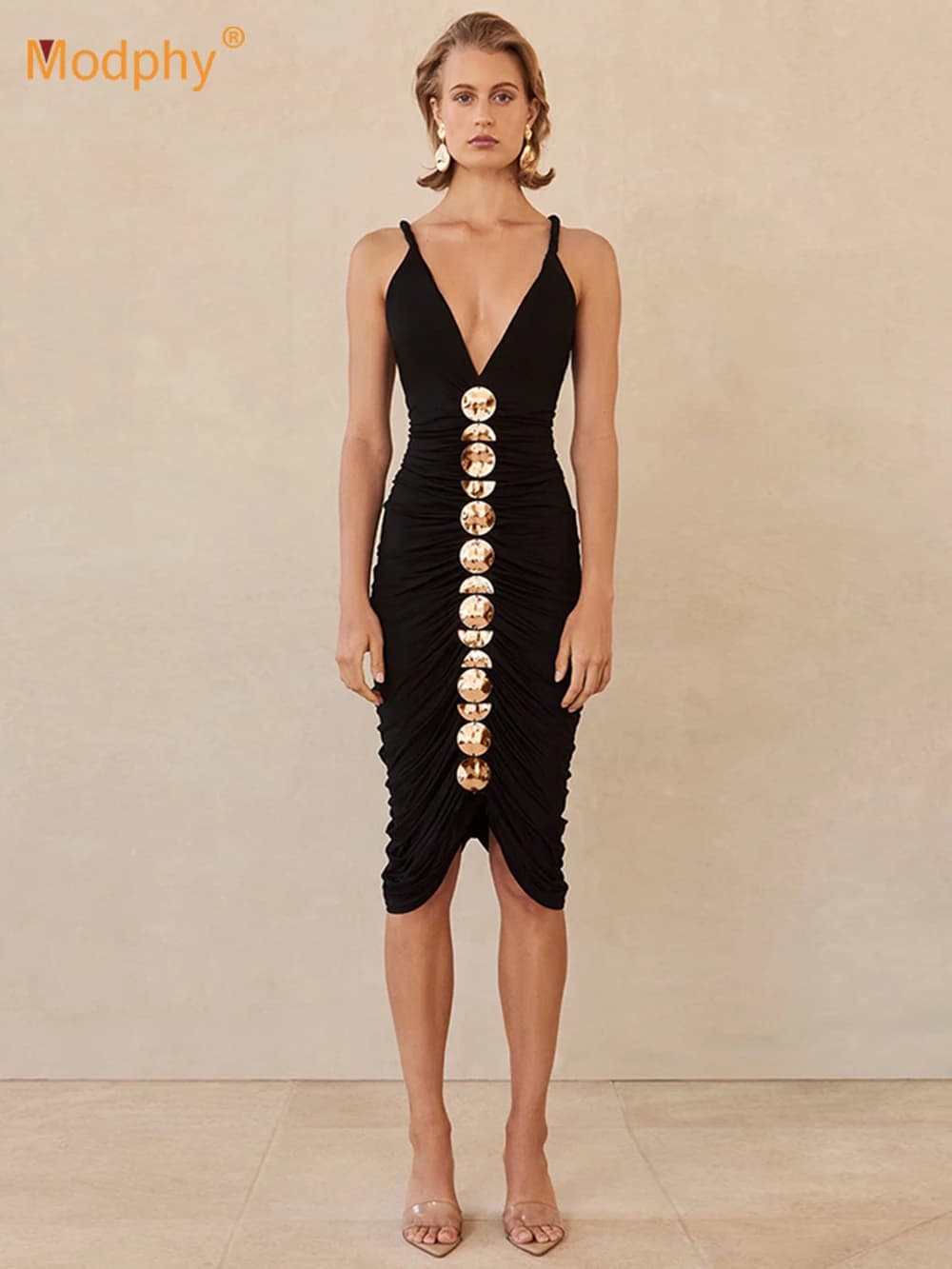 Modphy Women'S Sexy V-Neck Spaghetti Strap Metal Sheet Pleated Dress Sleeveless Backless Cocktail Celebrity Party Gowns Vestidos