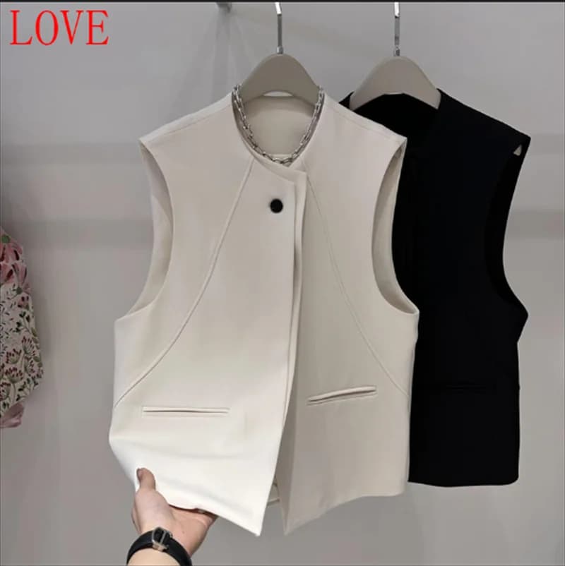 "Lined" Vests for Women Women's Vest Beige Cardigan Double-Button Vest Coat Women's Spring and Autumn Design Sense Vest Jacket