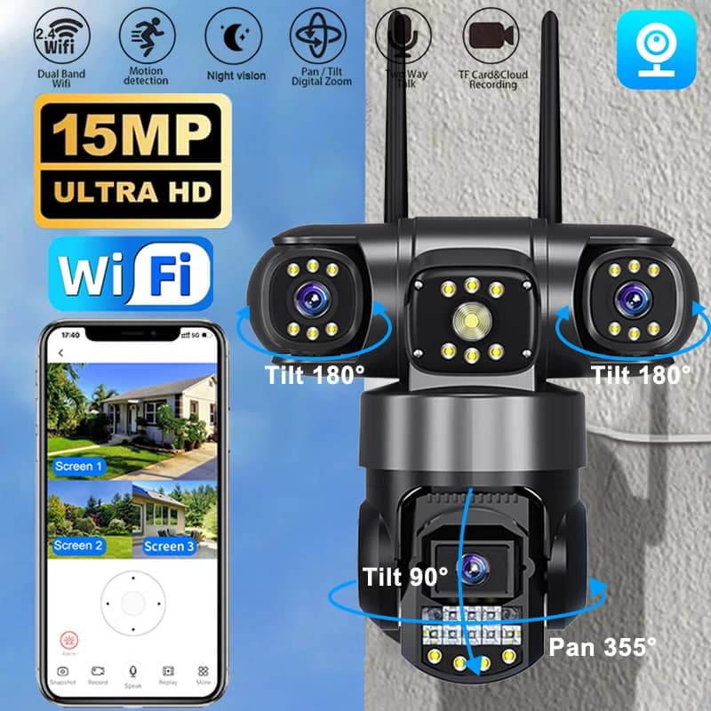 15MP PTZ WiFi Camera with Three Lens Three Screen Color Night Vision Outdoor Security IP Camera CCTV Surveillance Cam V380 App