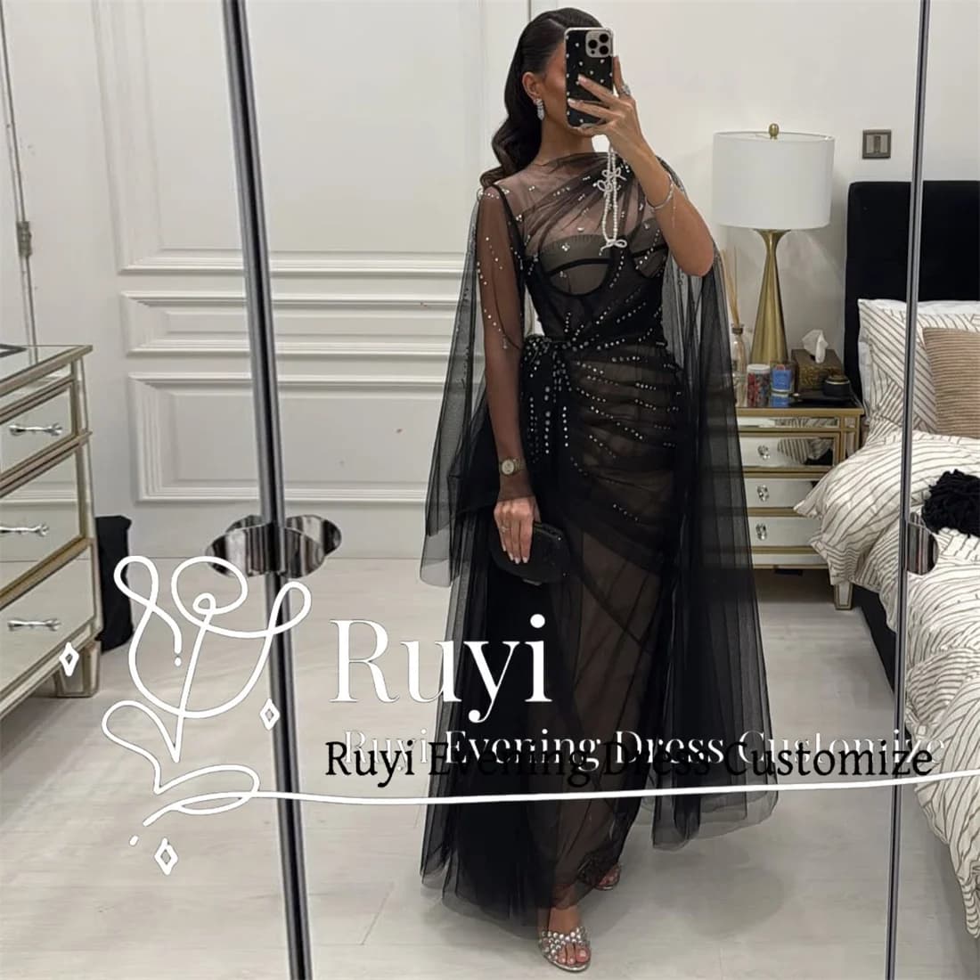 Customized Black Tulle Crystal Beads Luxury Evening Dresses For Special Occasion Sexy Long Cape Pleated Wedding Prom Dress