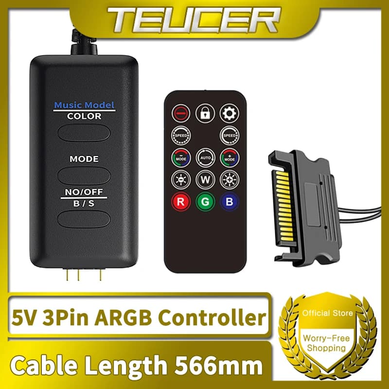 TEUCER LC-S50R ARGB 5V 3PIN to SATA Interface Extension Cable Light Controller with Remote Control For PC Case Fan