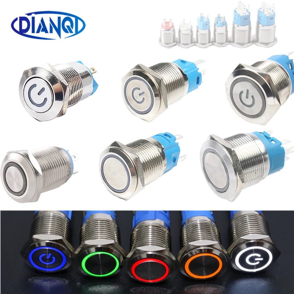 1 pc 12/16/19/22mm Metal Push Button Switch Power Waterproof Flat Circular LED Light Self-lock self-reset 1NO1NC 220V 12V/24VDC