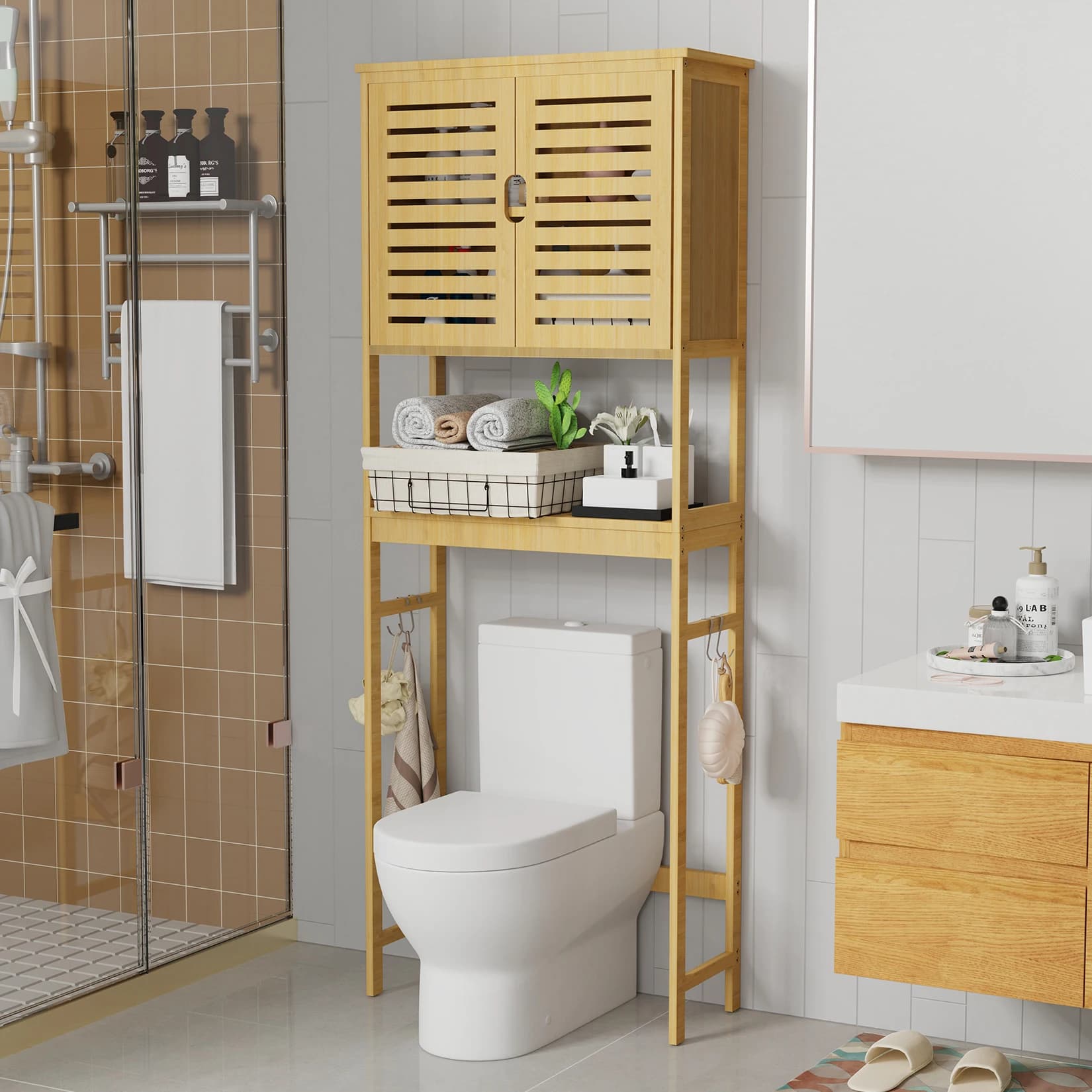 Over-the-Toilet Bathroom Storage Cabinet Bamboo Washing Machine Organizer Rack Free Standing