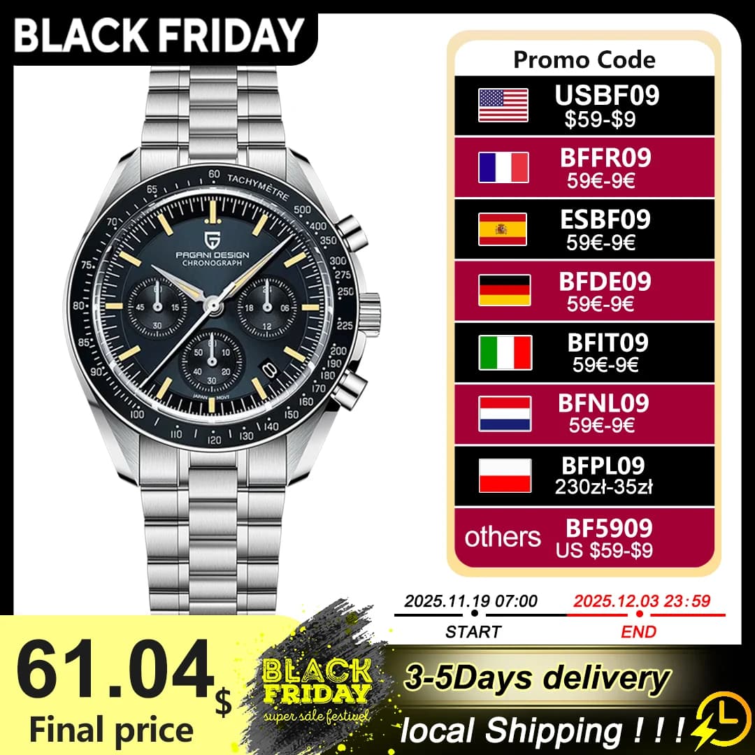 PAGANI DESIGN 2025 New Moon Watch Retro Luxury Quartz Watches For Men Stainless steel Luminous waterproof Sport Chronograph Man