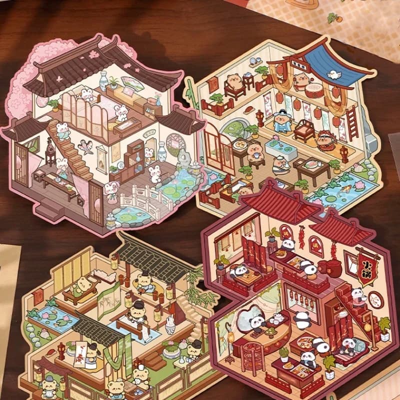 Cartoon Chinatown DIY Sticker Highly Playable Sticker Pocket Cabin Scene Stacking Pasting Festival Birthday Gift for Kid Child