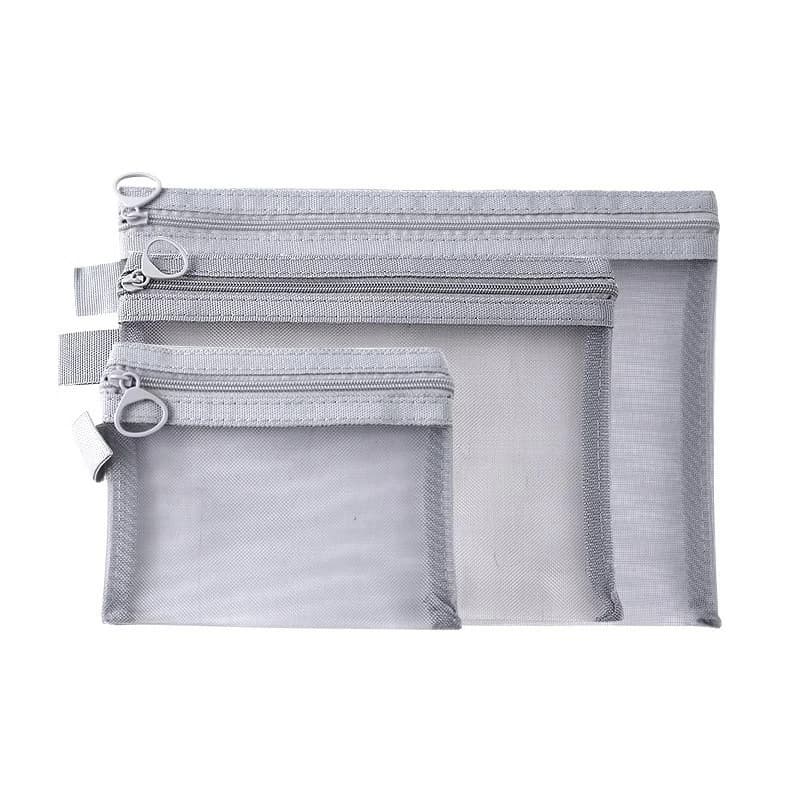 Portable Grey Mesh Cosmetic Bag Travel Zippered Student Office File Bag Headphone Bag Multifunctional Storage Bag