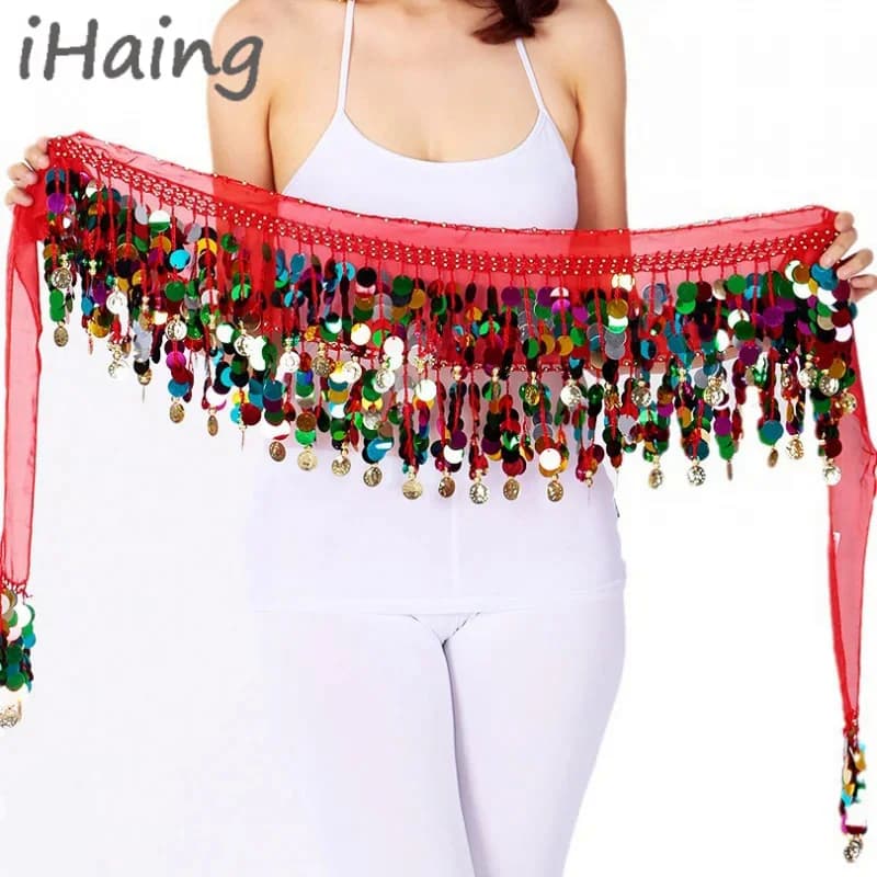 Women Sequins Belly Dance Hip Scarf Adult Adjustable Tassel Dancewear Tribal Indain Practice Coin Dance Skirt Belt Costume