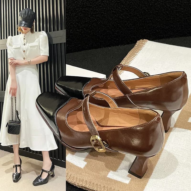 2024 Spring Mary Janes Genuine Leather Women Shoes Square Toe Thick Heel Women Buckle Strap Commute Pumps Retro High Heels