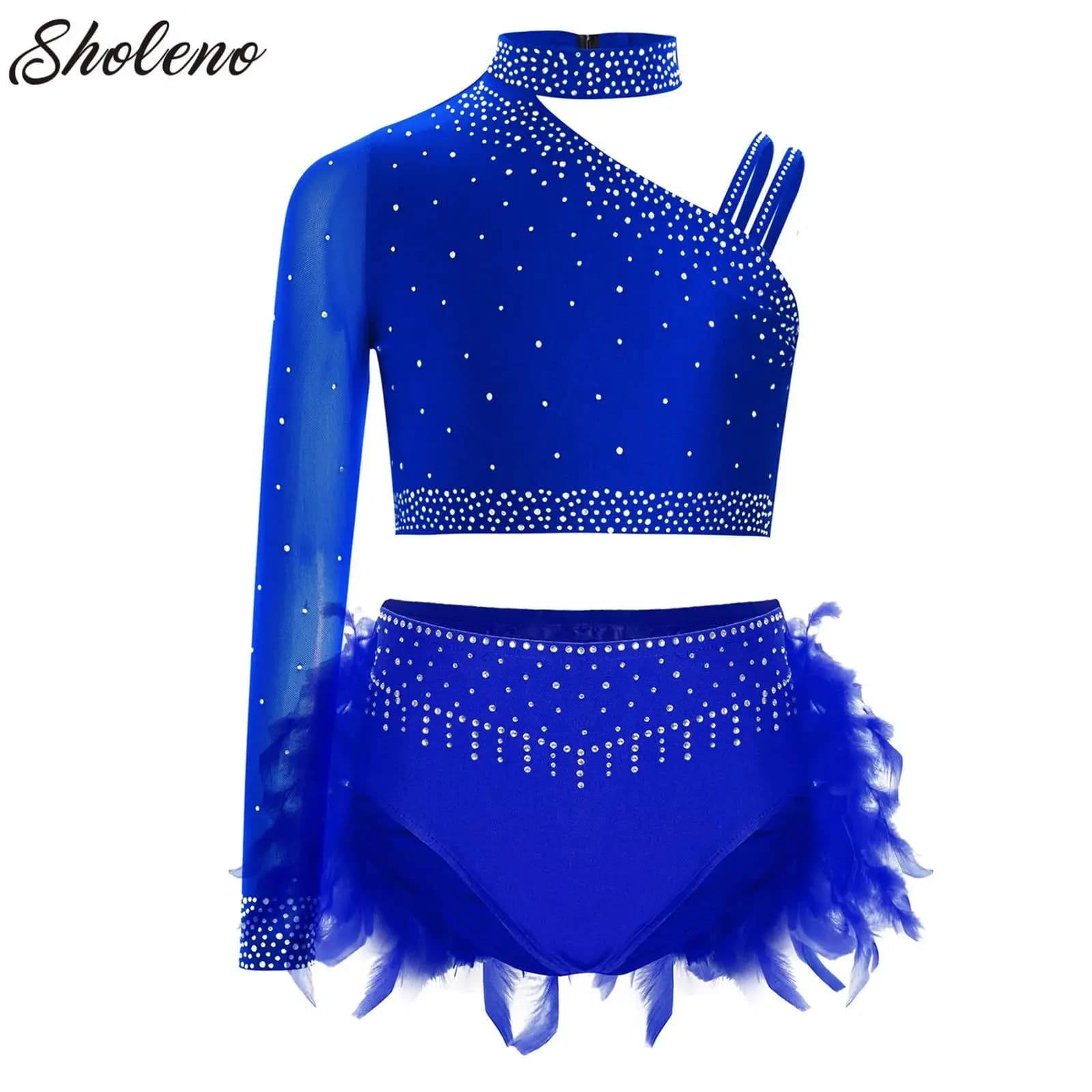 Kids Girls Ballet Dance Set Rhinestones Crop Top with Feather Briefs Outfit for Modern Lyrical Contemporary Performance Costumes