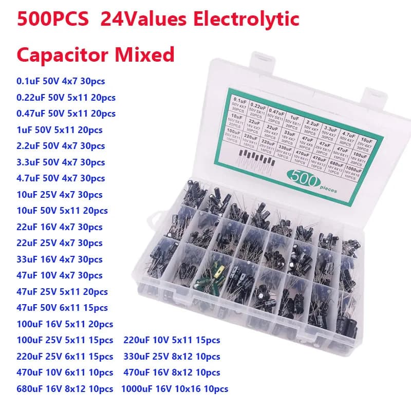 500PCS 24Values 0.1uF-1000u Electrolytic Capacitor Mixed DIP Electrolyte Capacitors 10V 16V 25V 50V Electronic Kit