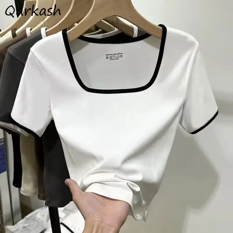 Panelled T-shirts Women Aesthetic Temper Square Collar Summer Vintage Basics Clothing Lady Harajuku Fashion Korean Style Daily