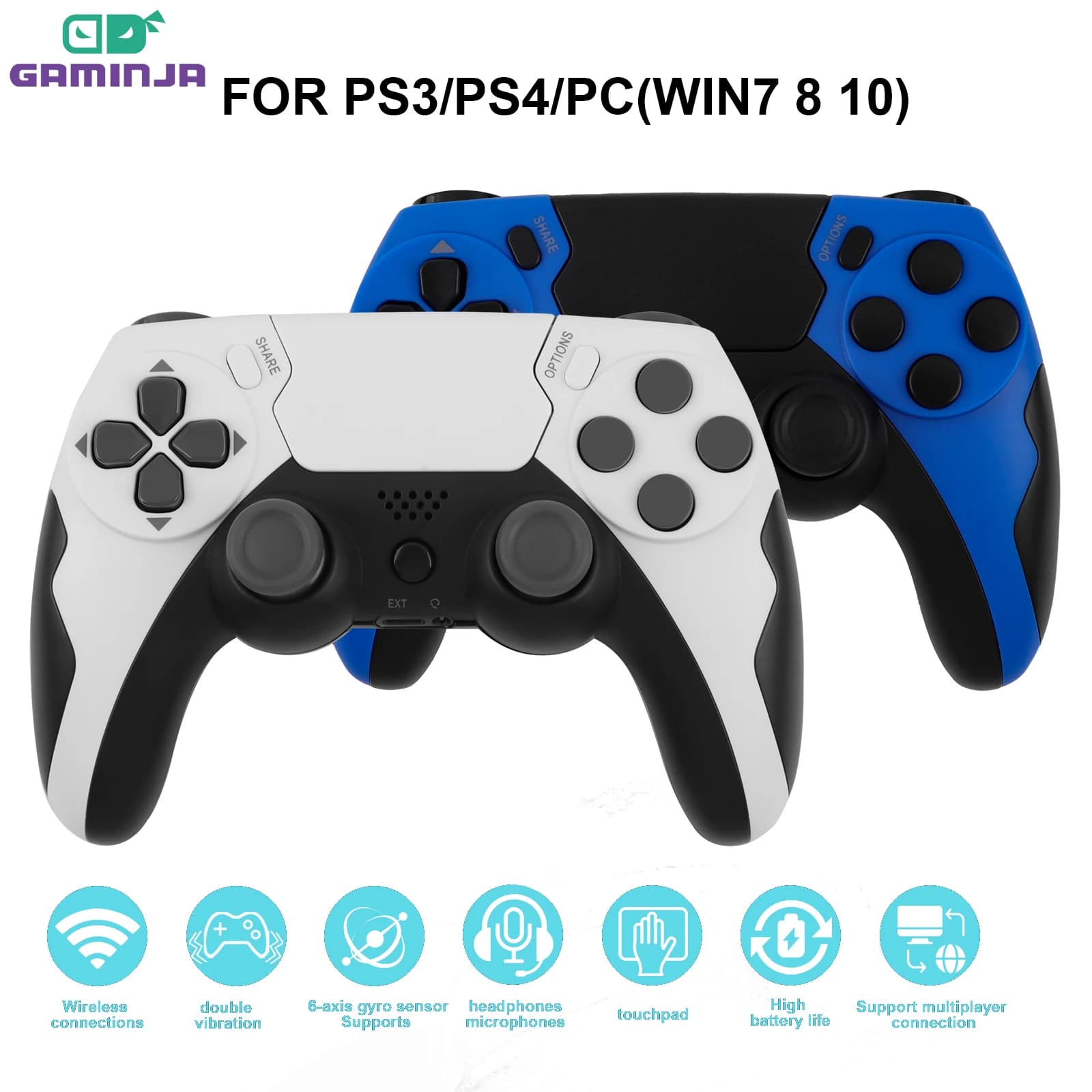 GAMINJA Wireless Controller Dual Vibration Game Joystick Gamepd For PS4 PS3 Console PC Gamepad with 6-axis Gyros