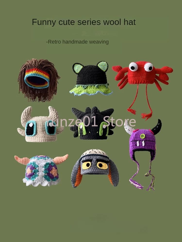 Pi Youtong Cute Funny Woolen Hat for Women in Autumn and Winter Warm Ear Protection Cartoon Knitted Headband Hat for Men