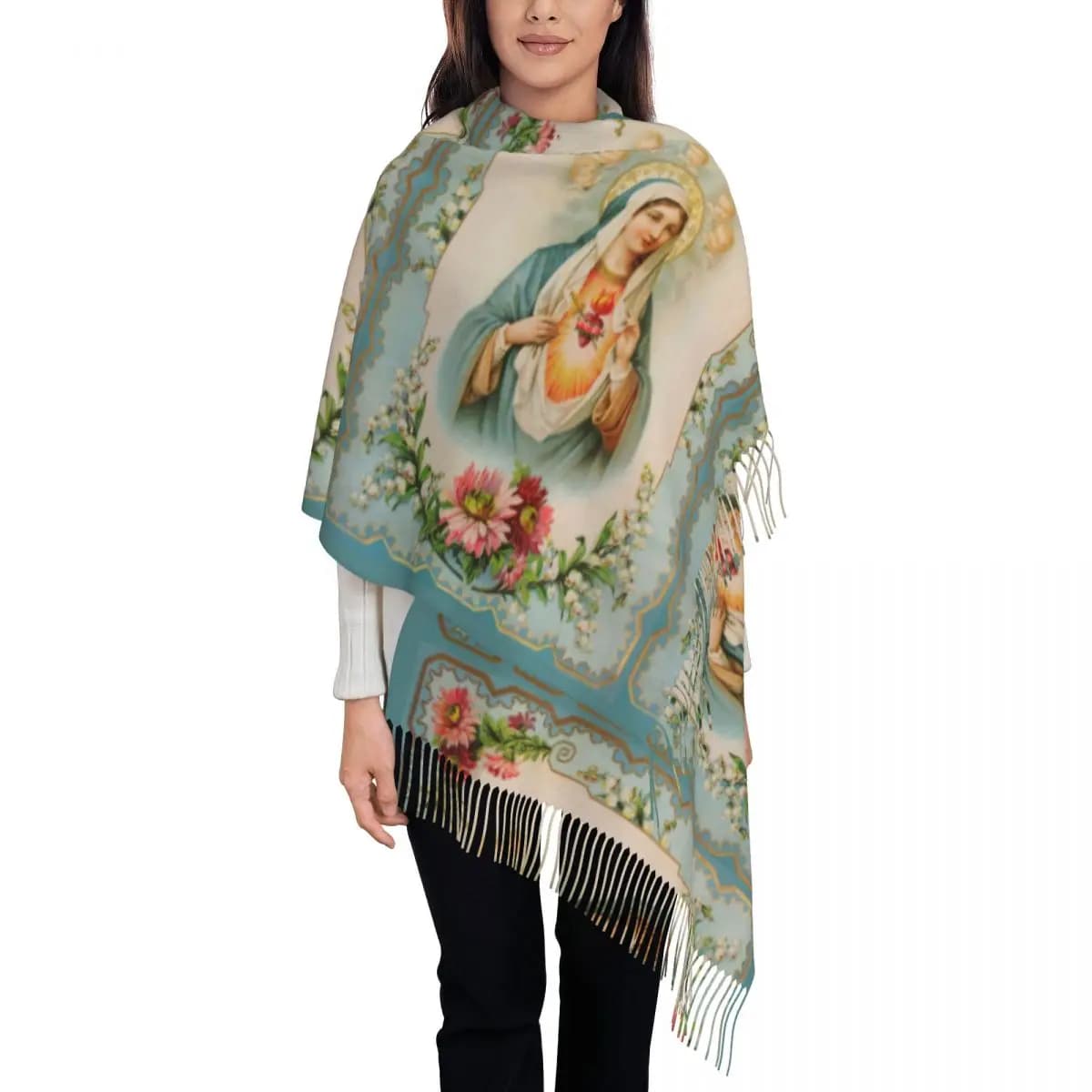 Women's Scarf with Tassel Virgin Mary Catholic Large Super Soft Shawl and Wrap Christian Daily Wear Cashmere Scarf