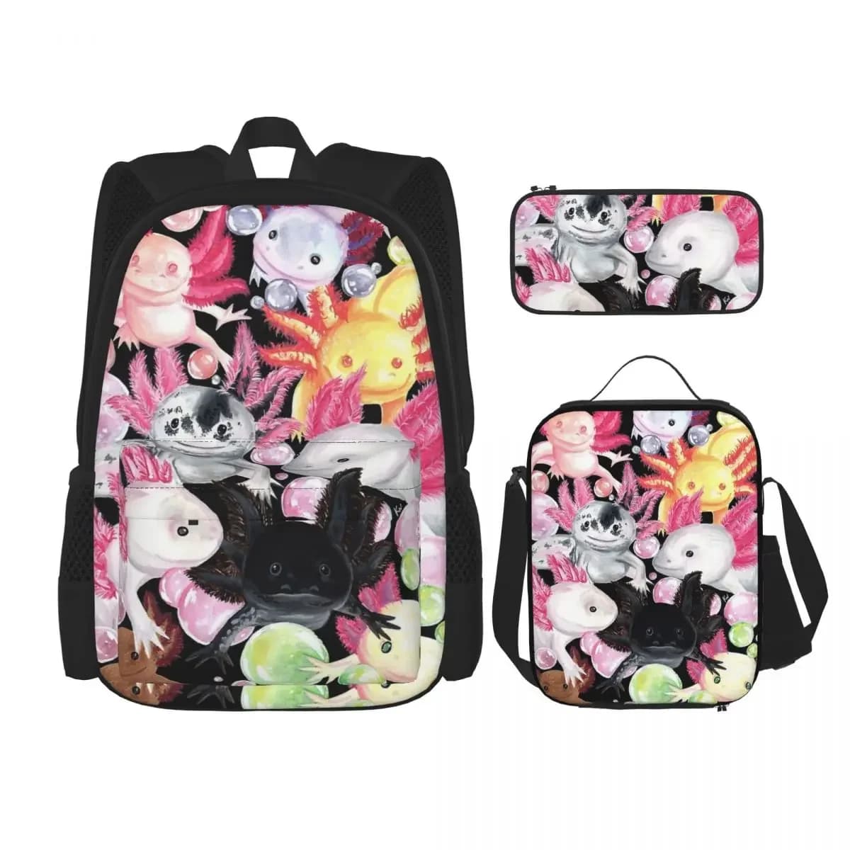 Axolotl Sea Animal Backpacks Boys Girls Bookbag Students School Bags Cartoon Kids Rucksack Lunch Bag Pen Bag Three-Piece Set