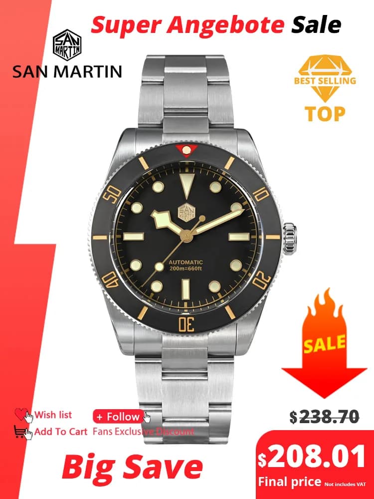 San Martin New 37mm BB54 Vintage Diver Watch NH35 Automatic Mechanical Men Wristwatches Sapphire Luminous Waterproof 200m SN0138