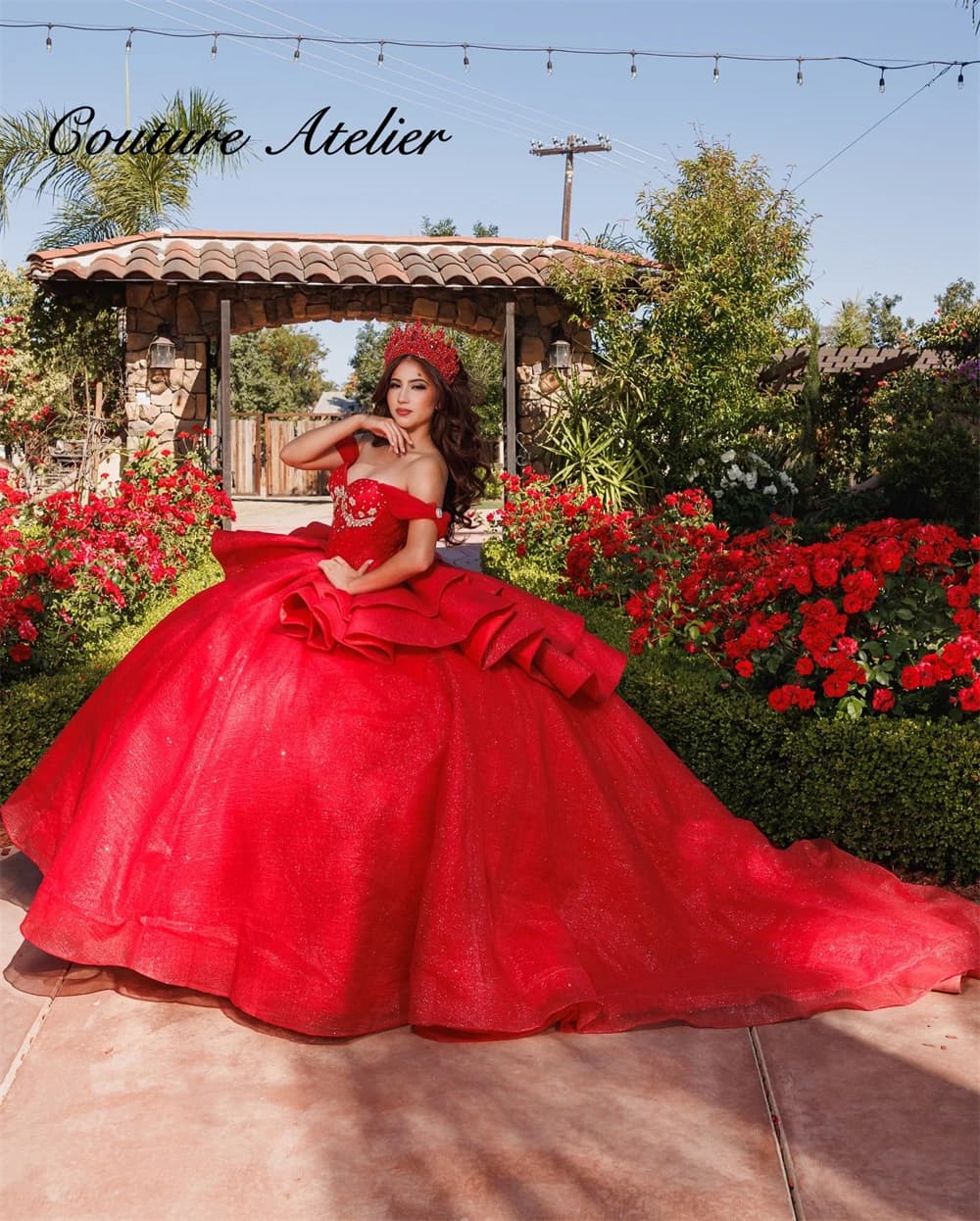 Mexico Red Off The Shoulder Quinceanera Dresses Beaded Crystal Ruffles Ball Gown 2025 Birthday Luxury Dress vestidos Customized