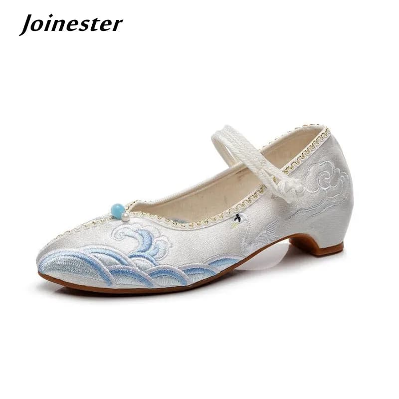 Embroidered Pointed Toe Women Mary Jane Pumps Ethnic Vintage Dress Shoe for Ladies Mid Heel Ankle Strap Dance Shoe