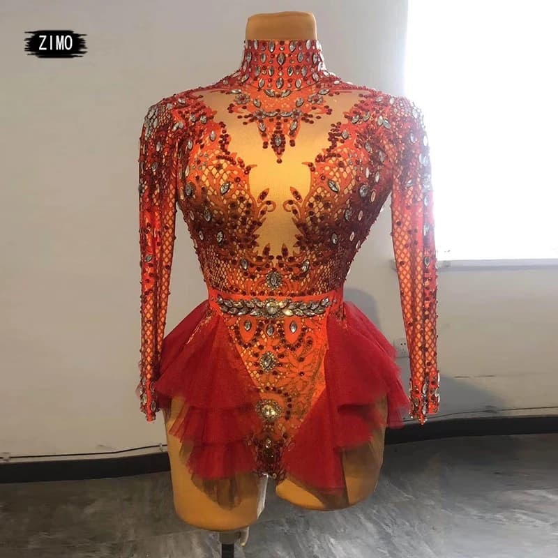 Fashion Rhinestone Red Ruffle Bodysuit Women Big Stretch Nightclub Prom Bar Concert costume Stage Singer Show Dance Leotard DS