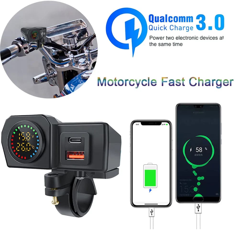 Quick Charger QC3.0+PD Waterproof Socket Motorcycle Handlebar & Rear Mirror Phone Power Adapter Digital Voltmeter Thermometer