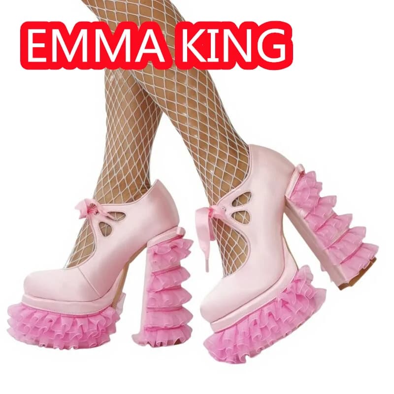 Pink Square Toe Lace Flowers Platform Sweety Girls Dancing SAndals 2025 Shallow Silk Lace Up Size 47 Sexy Runway Shoes Heels