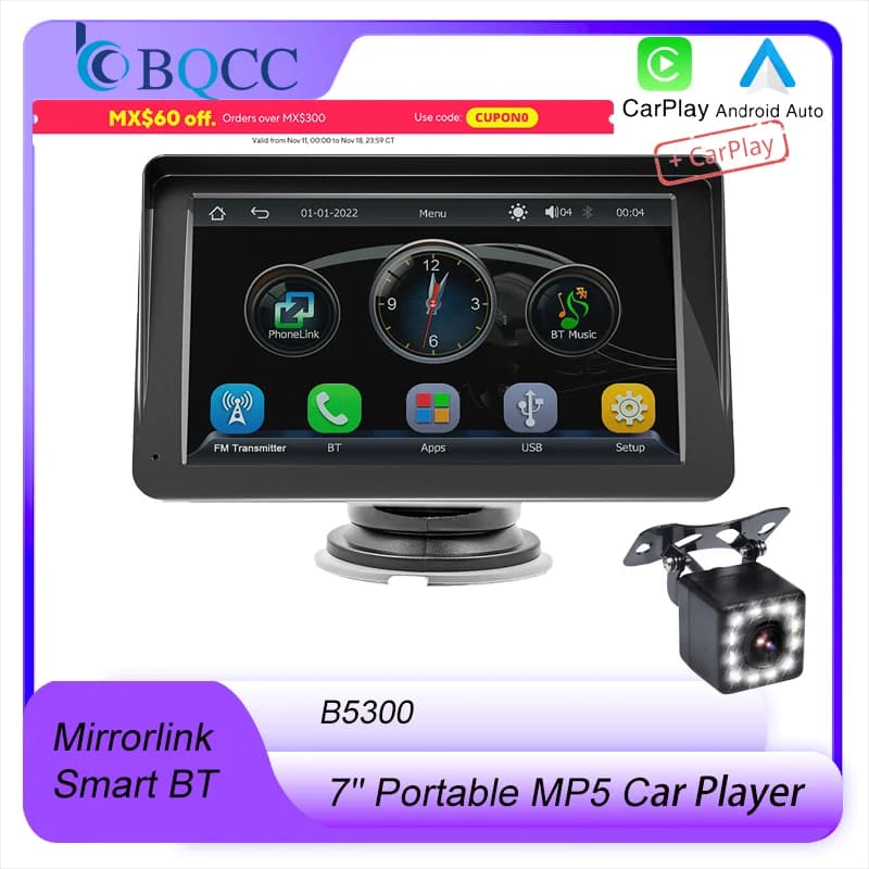 BQCC 7" Portable Car MP5 Player Wireless Carplay Android Auto MIrrorlink BT FM USB TF Car Radio Reversing Image Vehicle Stereo