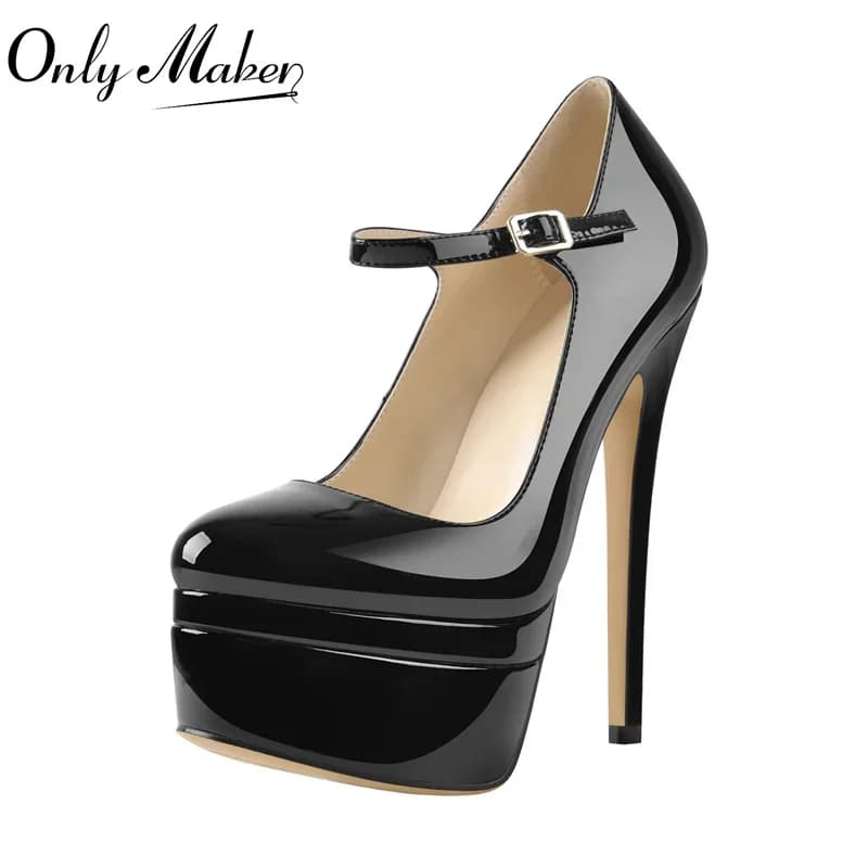 Onlymaker Female Mary-Jane Pumps Double Platform Black Thin High Heels Ankle Strap Summer Plus Size Party Dress Shoes
