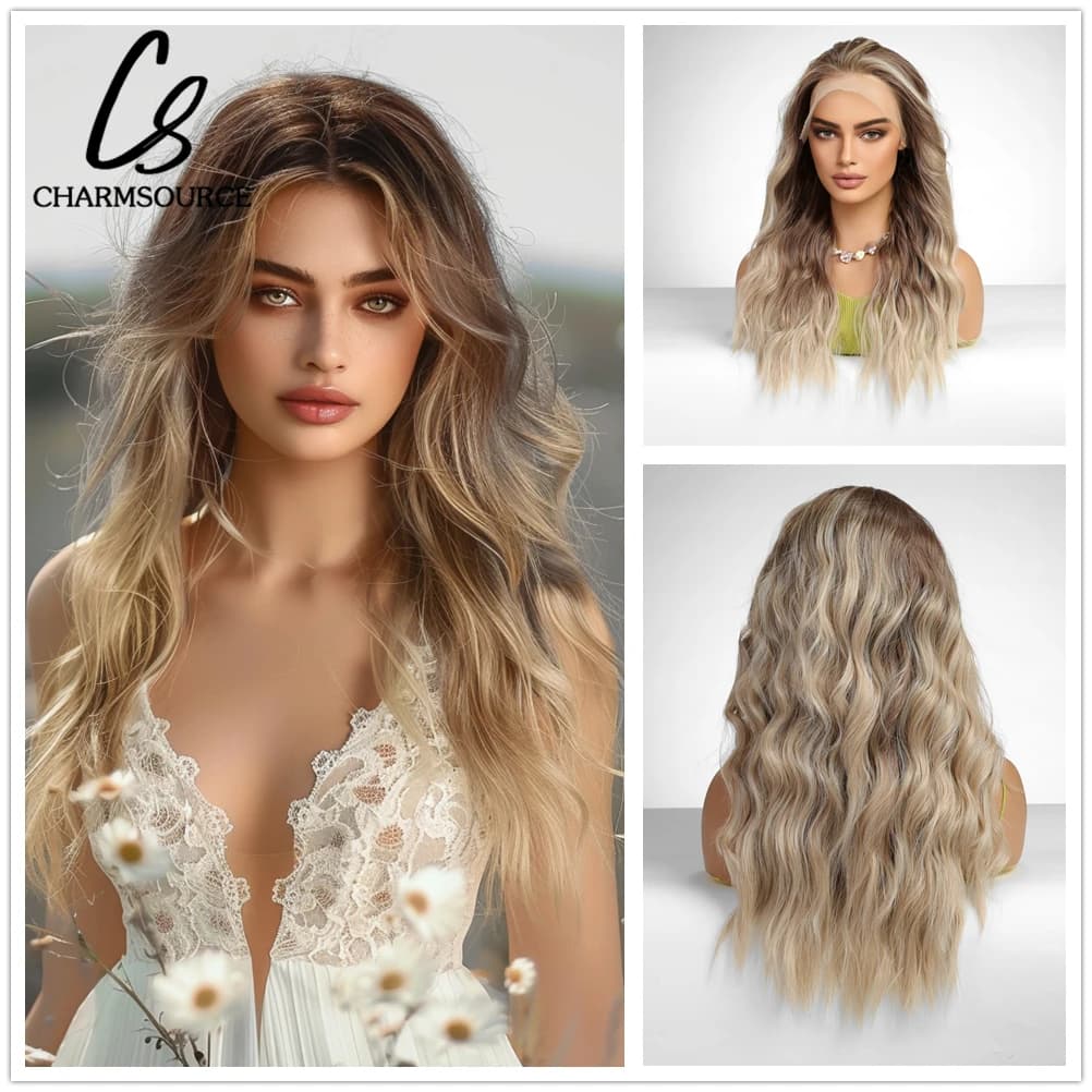 CharmSource 13x4 Lace Front Wigs Brown Ombre Blonde Synthetic Long Wavy Curly Wigs for Women Cosplay High Density Hair Wig
