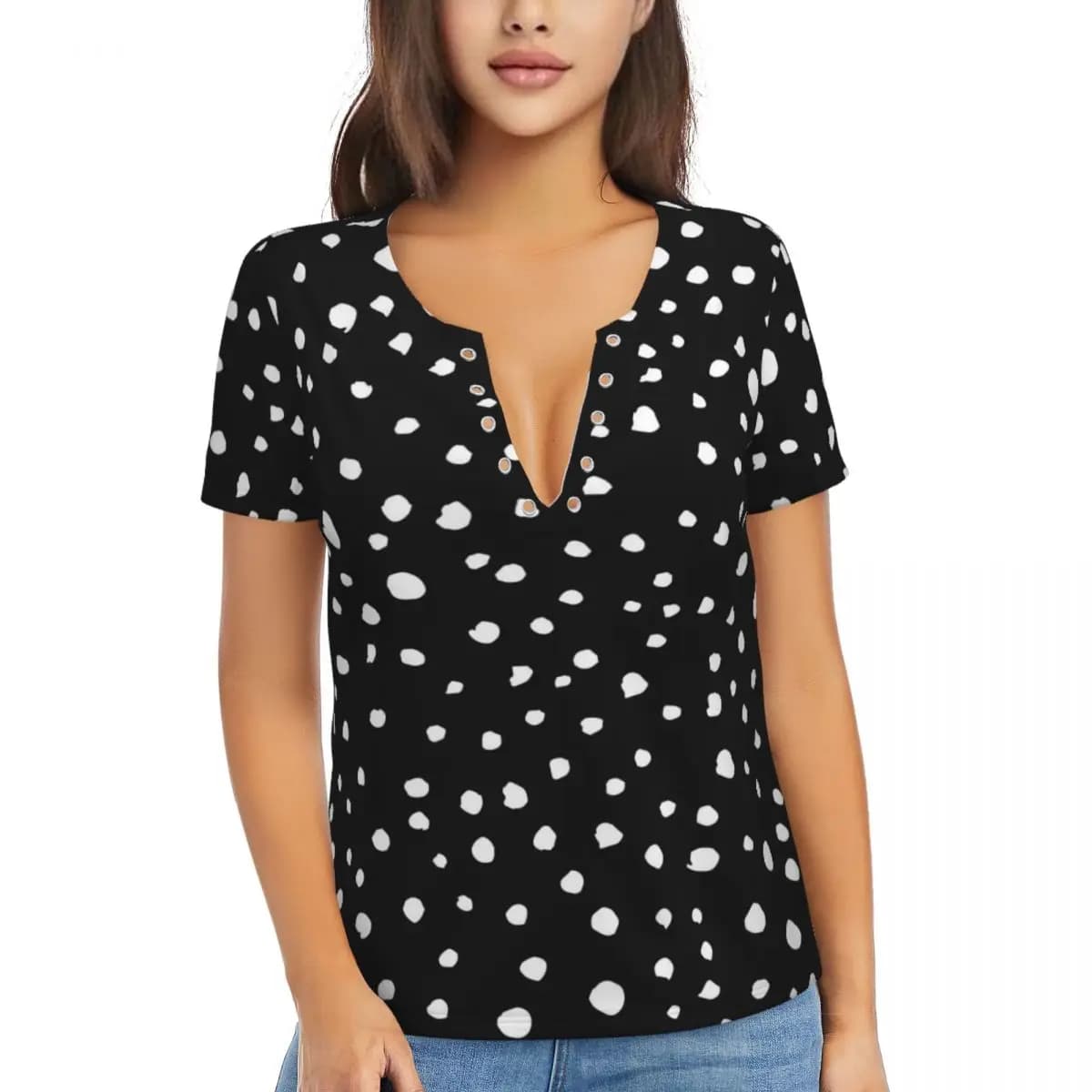 Dalmatian Spots Print T-Shirt White Polka Dots Elegant T-Shirts Sexy Deep V Neck Short-Sleeve Graphic Tshirt 2024 Ladies Tees