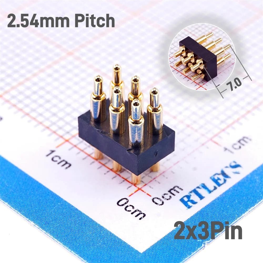 10pcs Spring Loaded Pogo Pin Connector 6 Pin 7.0 mm Height PCB Through Holes Dual Row 2.54 mm Pitch 2x3 Position Gold 1U 80gf