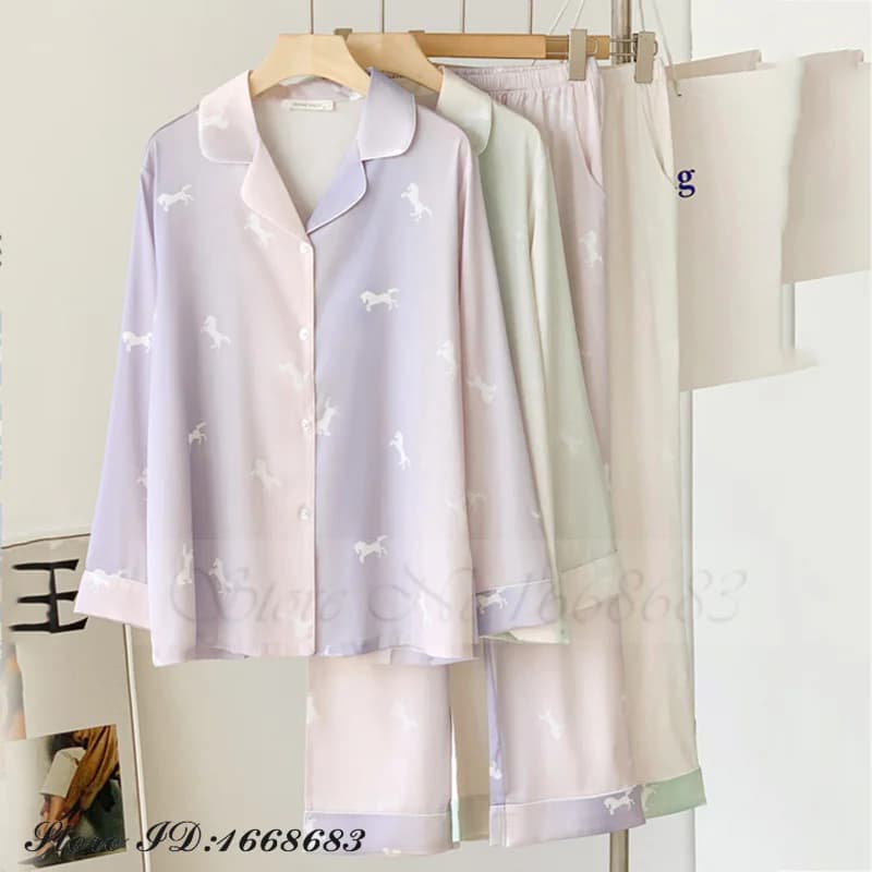 New Spring Autumn Women 2PCS Pajamas Set Sleepwear Print Cartoon Cardigan Trouser Suits Loose Casual Satin Homewear Loungewear