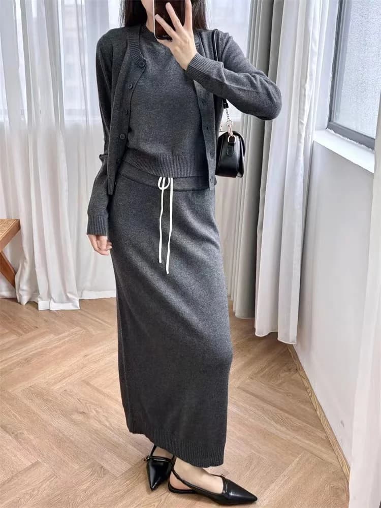 Fashion All-match Simple Gray Knit Set Women Splice Drawstring Midi Skirt or O-neck Cardigan or Sleeveless Vest Ladies Suit