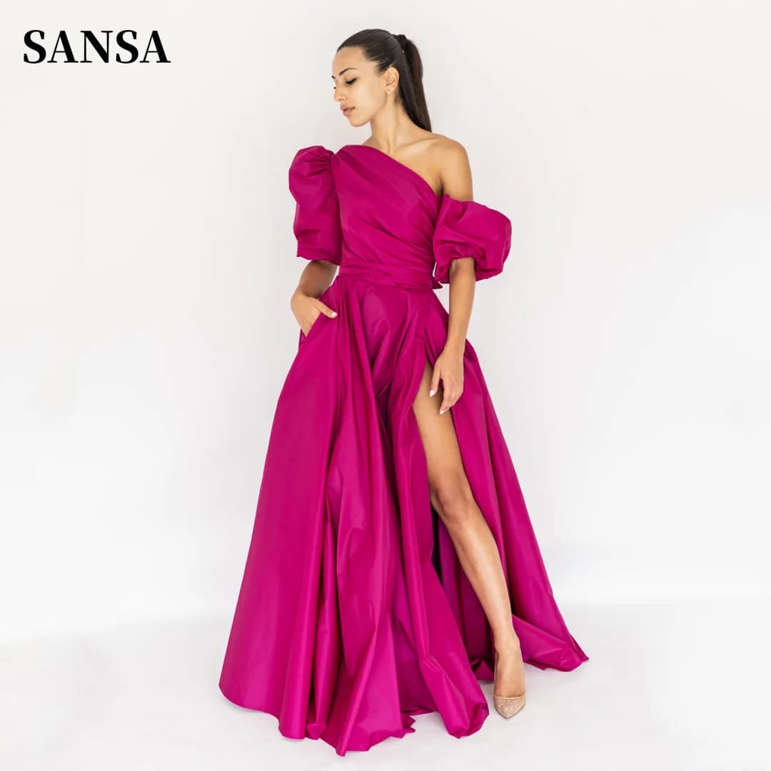 Sansa Puffy Sleeve A-line Vestidos De Noche Taffeta Puffy فساتين سهره فاخره 2023 Elegant Fuchsia Side Split Prom Dress