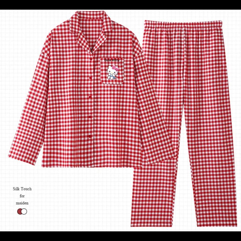 Cartoon Sanrio Hello Kitty New Women's Pajamas Loose Casual Lapel Cardigan Pure Cotton Women's Loungewear Two-piece Set