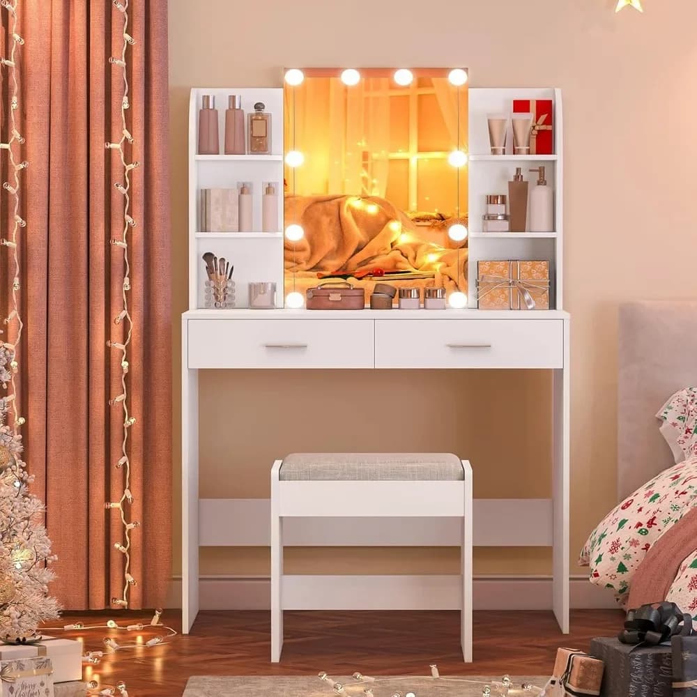 Vanity Desk with Mirror & Lights, Makeup Vanity Table with 2 Large Drawers, 6 Storage Shelves & Stool, Bedroom Dressing Table