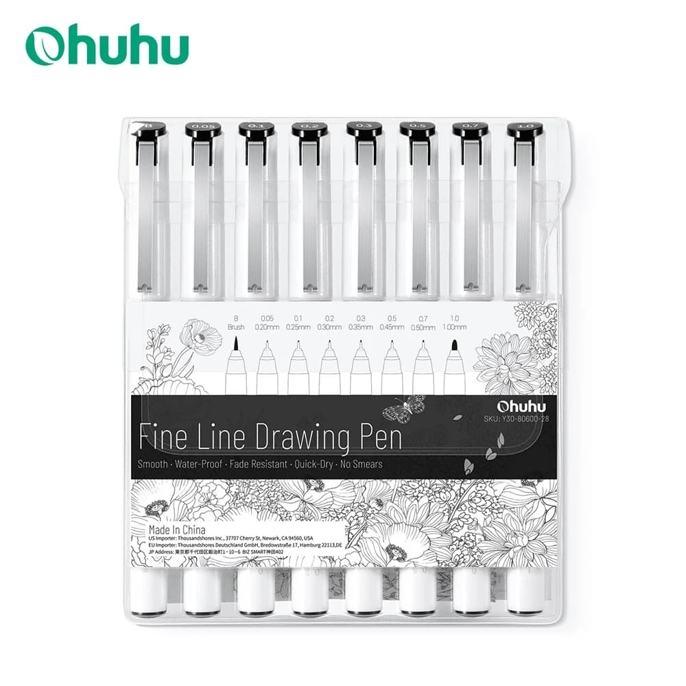 Ohuhu Micro Pen Fineliner Drawing Pens 8 Pack Line Pens Art Colored Pens Fine Point Markers Waterproof Writing Sketching Manga