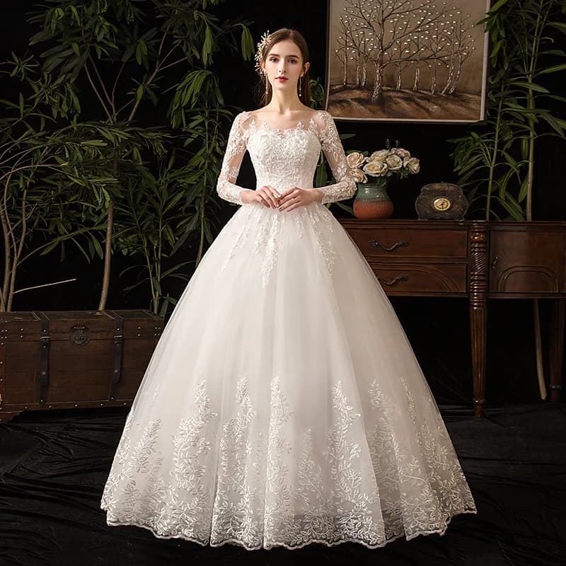 Lace Applique Maxi Wedding Dress For Women   Long Sleeves A Line Floor Length  Tulle Gown Bride Wedding Dresses