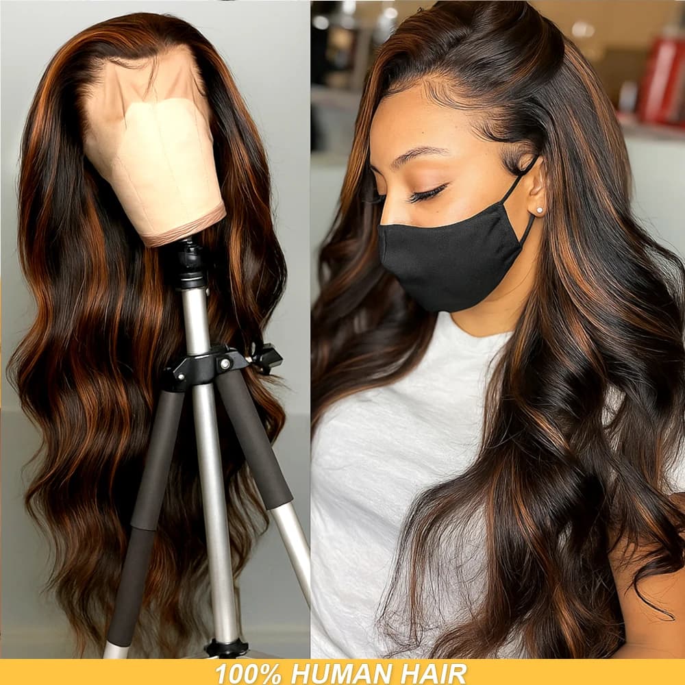 1b30 Highlight Body Wave Human Hair Wigs 13x4  Transparent Lace Front Wigs Pre Plucked Colored Wigs 100% Human Hair 200Density