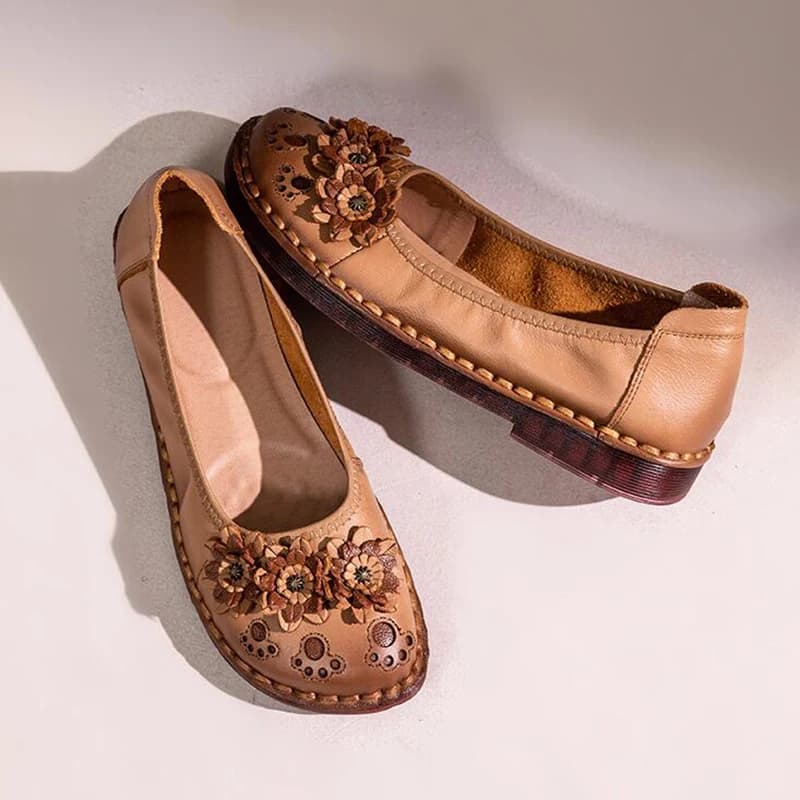 GKTINOO 2025 New Ethnic Style Genuine Leather Loafers Comfortable Soft Sole Flower Flats Round Toe Versatile Women's Shoes