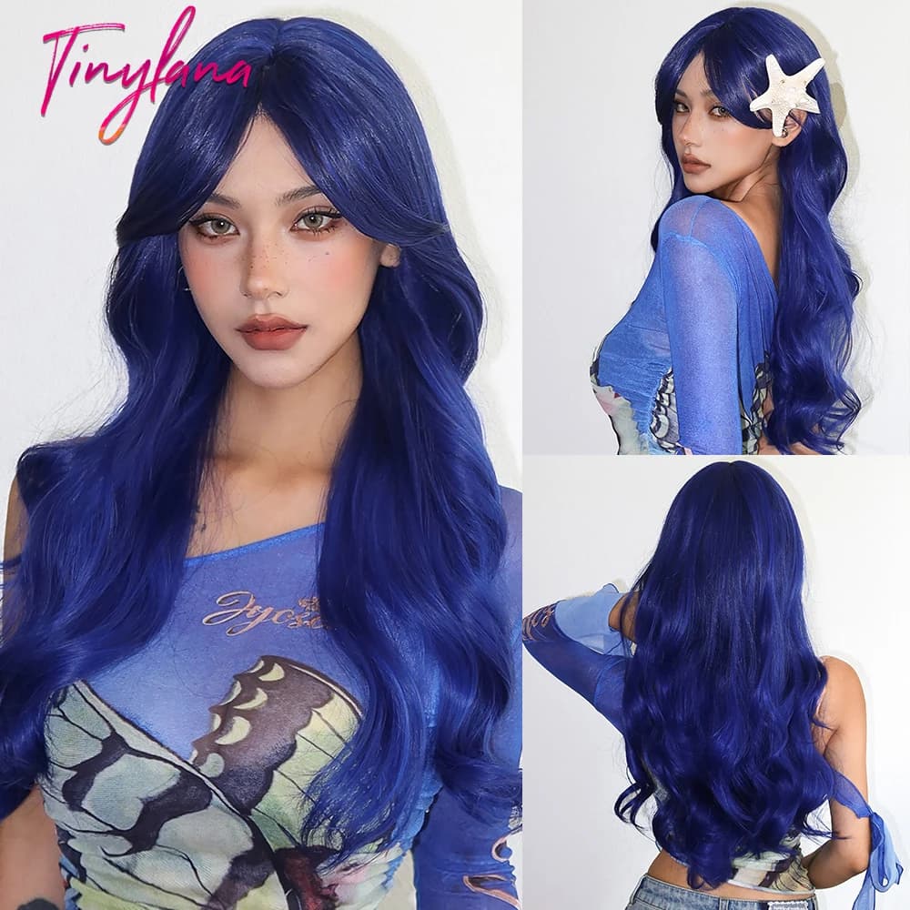 Deep Blue Long Curly Wavy Synthetic Wigs with Bangs for Women Blue Colorful Halloween Cosplay Wigs Natural Hair Heat Resistant