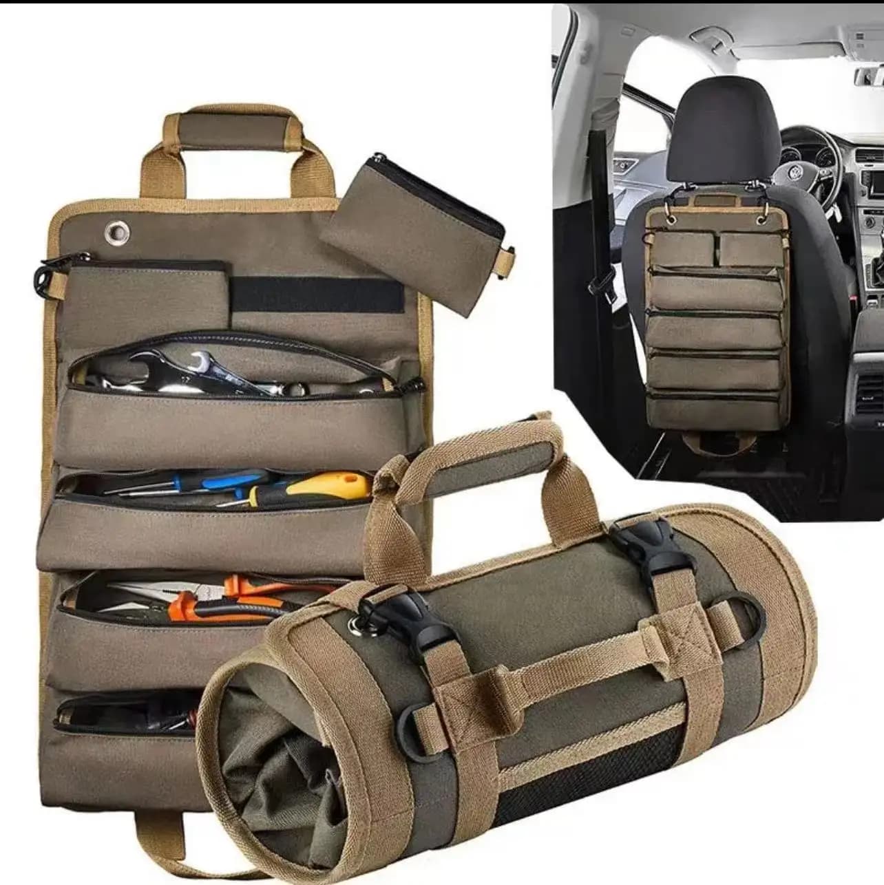 Multi-function large capacity roll-up kit, canvas tool roll car storage bag, hanging tool zipper carrier bag camping gear