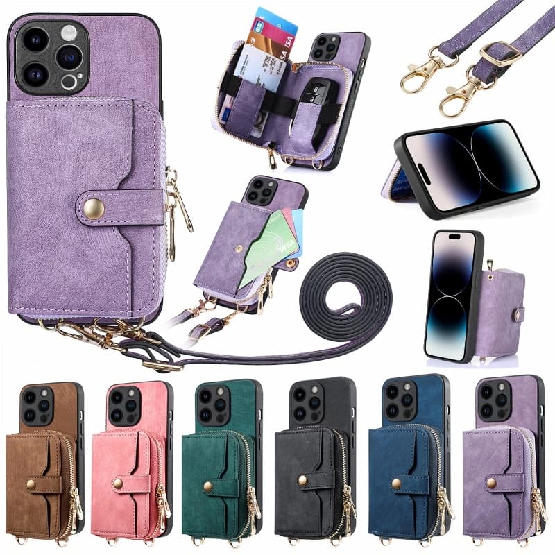 Back Zipper Card Slot Phone Case For iPhone 16 15 Plus 14 13 12 11 Pro XR X XS Max 7 8 Plus Protective Cover With Shoulder Strap