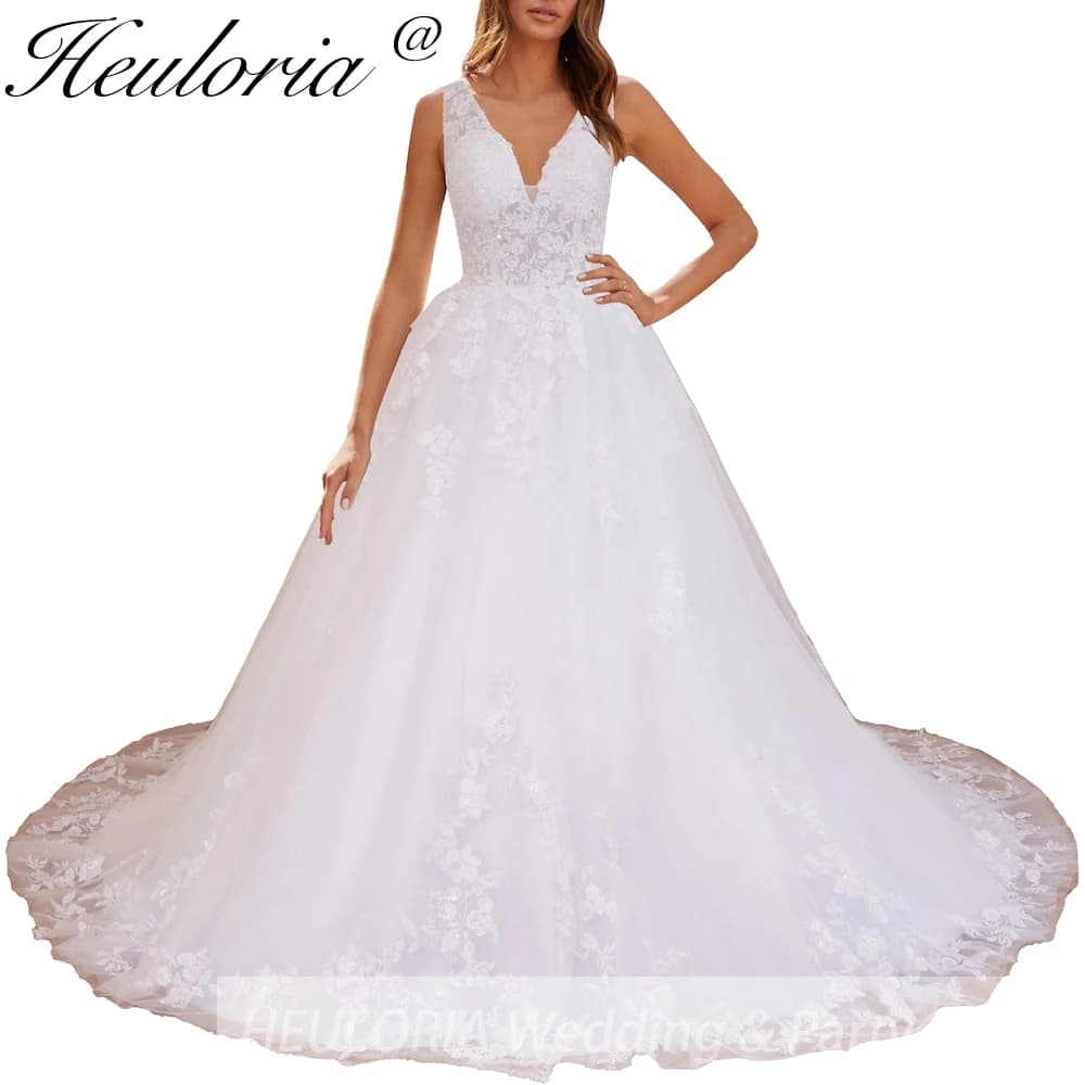 HEULORIA elegant A line wedding dress V neck lace bridal dress Robe De Mariee Wedding Bride Dress
