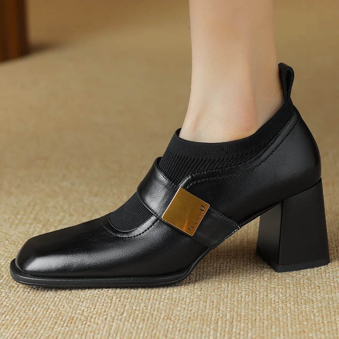 Women's genuine leather stretch knit patchwork metal buckle pumps 6cm thick high heel elegant ladies OL style heeled dress shoes