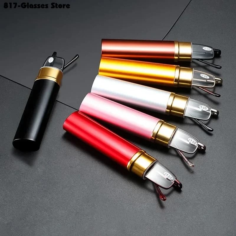 Reading Glasses with Pen Box Elegant Portable Metal Frame Ultra-thin Men Women Presbyopia Eyeglasses