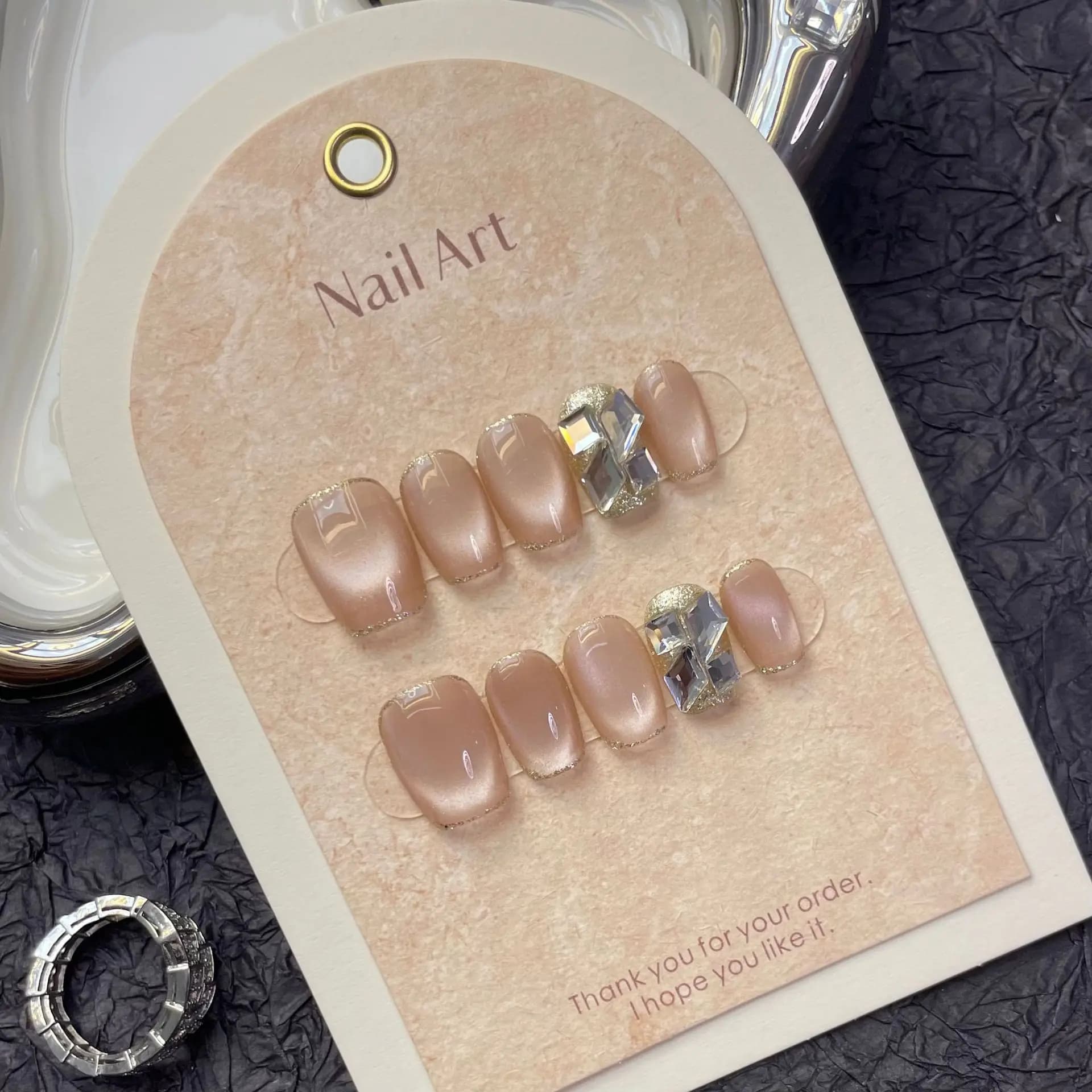 10Pcs  Cat Eye Handmade Press On Nails Full Cover Rhinestone Design French Ballerina False Nails Wearable Manicure Nail Tips Art