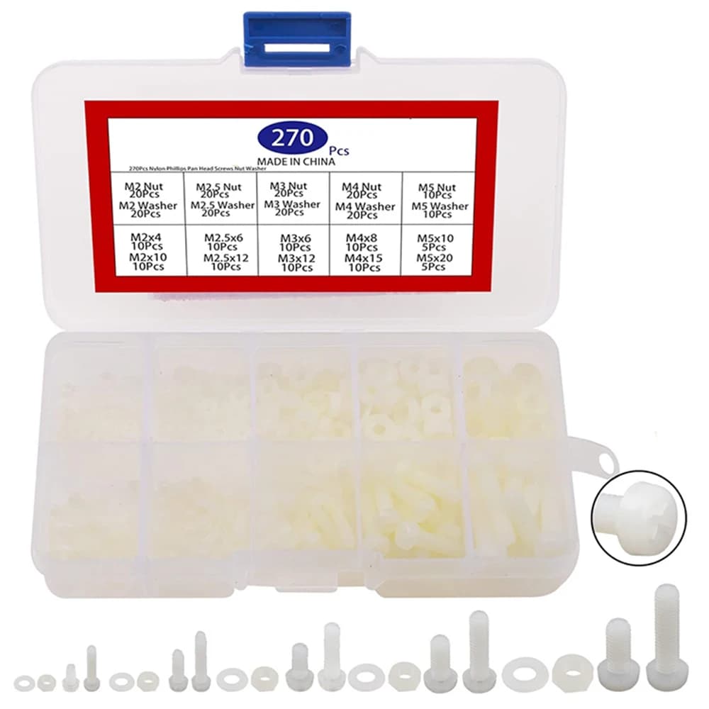 270Pcs Metric M2 M2.5 M3 M4 M5 Nylon Phillips Pan Head Screws Nut Washer Assortment Kit